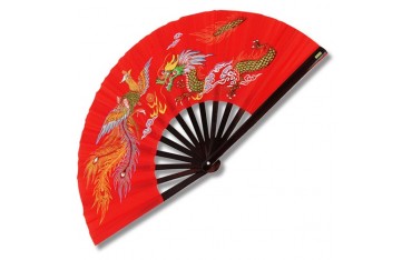 Eventail lamelles bambou, imprimé Poenix & Dragon - ROUGE